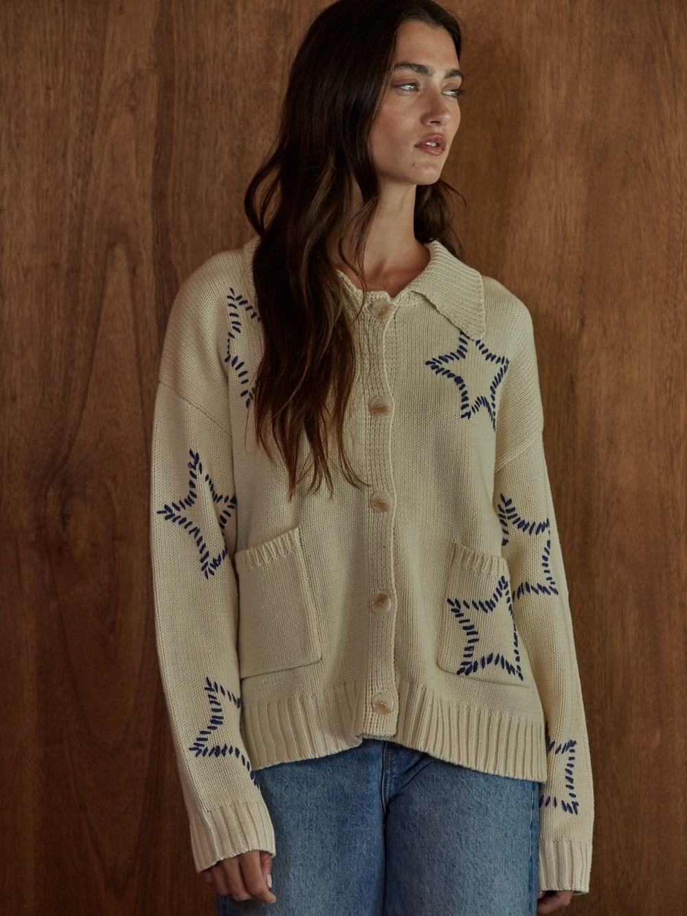 W2608 Saddle Stitch Star Cream Button-Up Cardigan